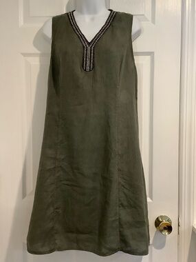 LINA TOMEI 100% Linen Made In Italy Green Jeweled Euro Summer Shift Dress L
